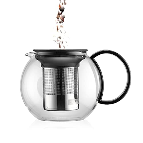 Bodum Assam Glass Tea Press With Stainless Steel Filter And Black Handle And Lid, 1.0-Liter, 34-Ounce