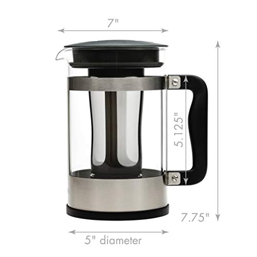  Kedzie Deluxe Cold Brew Iced Coffee Maker Comfort Grip Handle, Durable Glass Carafe, Removable Mesh Filter, 6 Cup, Brushed Stainless Steel
