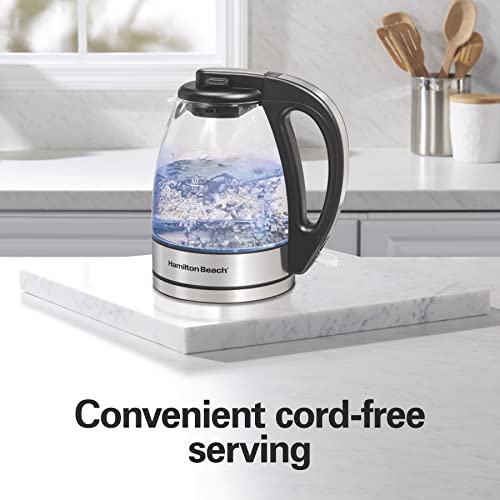 Hamilton Beach Glass Electric Tea Kettle, Water Boiler & Heater, 1 Liter, 1500 Watts For Fast Boiling, BPA Free, Cordless Serving, Auto-Shutoff & Boil-Dry Protection, Soft Blue LED (40930)