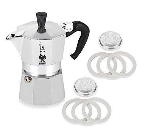  Moka Express #06799 3-Cup Espresso Maker Machine And #06960 Bialetti, Six Replacement Gaskets And Two Bialetti Replacement Filter Plates Bundle