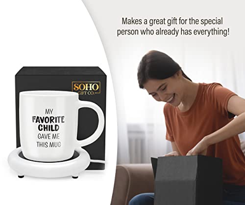  SoHo Funny Coffee Mug With Warmer Gift For Mom, Electric Heated Coffee Lover Gifts For Mothers Day/Birthday/Christmas, 12oz My Favorite Child Gave Me This Mug (Gift Boxed)