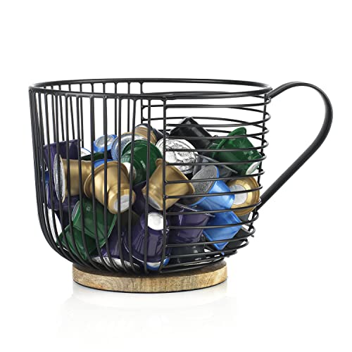  Coffee Pod Holder - Large Capacity Black Wire Kup Storage With Wooden Base - Modern Coffee Basket Decor For Kitchen Countertop For Pods & Espresso Capsules