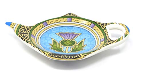  Scotland Teabag Holder With Thistle - Teapot Shaped Resting Caddy Saucer/Scottish Thistle TeaBag Saucer - Made Of New Bone China Celtic Accessories Diameter 4"/10cm