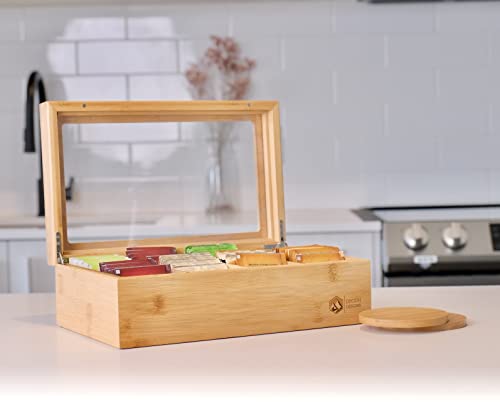  Premium High-end 100% Natural Bamboo Tea Box With 2 Coasters - Wooden Tea Organizer - Tea Bag Organizer Wooden Storage Box - 8 Adjustable Compartments - Clear Lid - Magnet Closure