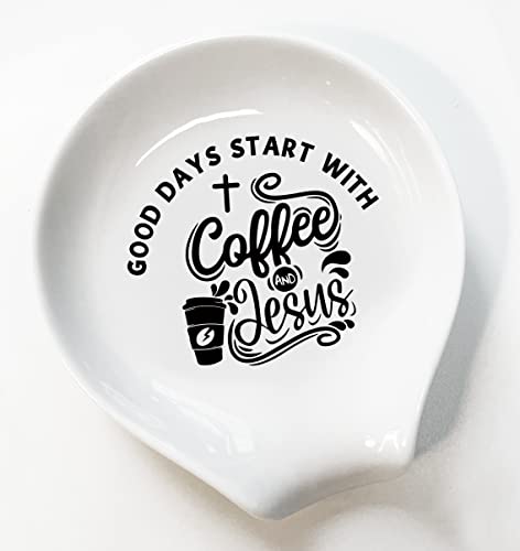  Coffee Spoon Rest, Ceramic Coffee Spoon Holder With Funny Quote - Good Days Start With Coffee & Jesus- Station Decor Coffee Bar Accessories And Gift For Coffee Lovers