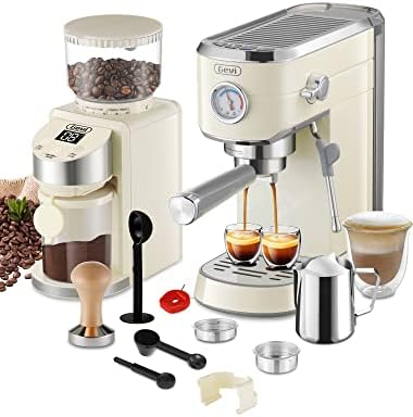  20 Bar Compact Professional Espresso Coffee Machine With Milk Frother For Espresso, Latte And Cappuccino Burr Coffee Grinder With 35 Precise Grind Settings, Beige