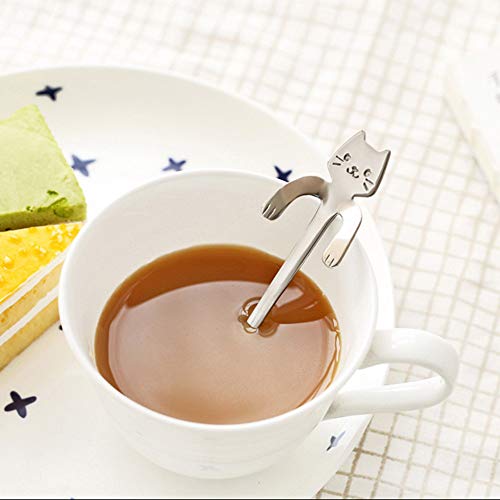  Callm 1pc Cute Cat Spoon Long Handle Spoons Creative Coffee Spoons Stainless Steel Kitchen Gadget(silver)
