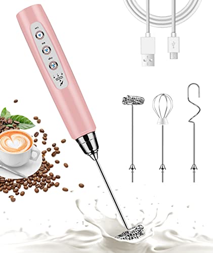  Handheld Milk Frother For Coffee, Rechargeable Electric Whisk With 3 Heads 3 Speeds Drink Mixer Foam Maker For Latte, Cappuccino, Hot Chocolate, Egg - Pink