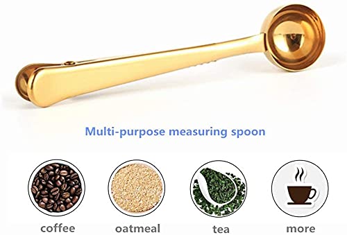  1 PACK - GOLD - Coffee Spoon Clip Tea Scoop Bag Clip Coffee Bag Clip Scooper Food Grade 304 Stainless Steel Ground Coffee Measuring Spoon/Scoop With Bag Clip