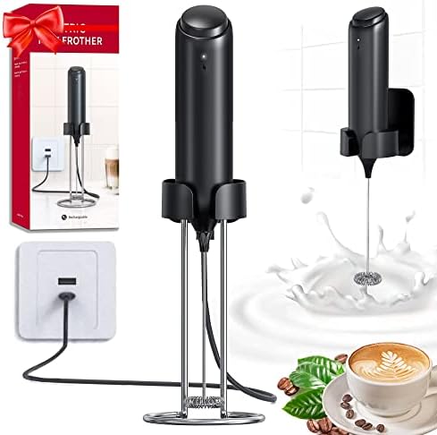  Rechargeable Milk Frother Handheld With Stand - Wall Hanging Or Bracket Storage - Premium Gift Coffee Electric Frother, Electric Whisk For Matcha,Coffee,Frappe,Lattee - Portable Drink Mixer (Black)