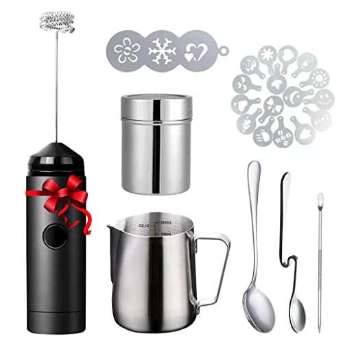  Milk Frother Handheld Coffee Art Set - With Milk Frother Pitcher, Powder Cocoa Shaker, Latte Art Pen, Coffee Stencils, Coffee Spoons