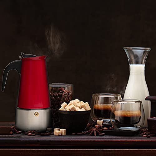  6 Cup Coffee Maker Stovetop Espresso Coffee Maker, Moka Coffee Pot With Coffee Percolator Design, Stainless Steel Stovetop Espresso Maker, Italian Coffee Maker (Red) (300ml/10oz)