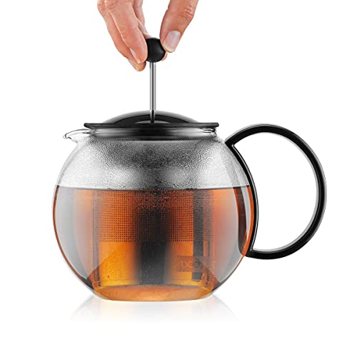 Bodum Assam Glass Tea Press With Stainless Steel Filter And Black Handle And Lid, 1.0-Liter, 34-Ounce