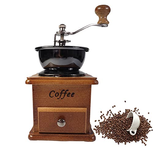 N/A JYXING Vintage Manual Coffee Grinder Wooden Manual Coffee Grinder Ceramic Conical Burr Portable Hand Crank Coffeemaker Vintage S Brown 10×15