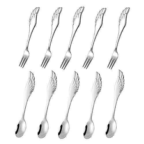  Stainless Steel Creative Dinnerware Set Decorative With For Coffee, Fruit,Dessert,Stirring, Mixing, Sugar, Stir, Ice Cream, Cake, Teaspoon (5 Scoops + 5 Fruit Forks)