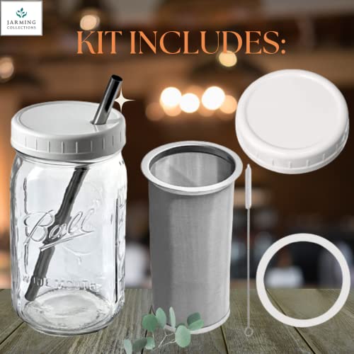  Old Brew Coffee Maker - Ice Tea Maker, Heavy Duty Glass Mason Jar 32 Oz, Fine Mesh Stainless Steel Filter - Includes Lid And Straw