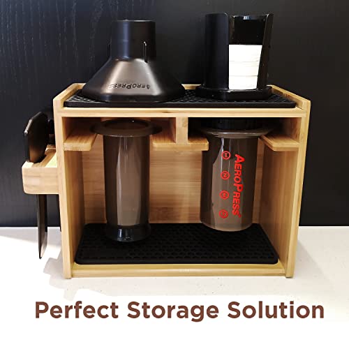  HEXNUB – Bamboo Organizer For AeroPress, Caddy Station Holds AeroPress Coffee Maker, Filters, Cups, Pour Over Accessories With Silicone Dripper Mat, Increased Space Saving (Black)