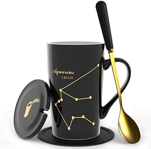 -15oz Scorpio Coffee Mug With Long Handle Spoon Lid Birthday Gift Ceramic Creative Constellation Zodiac Capacity Tea Cup For Cocoa Water Milk Juice (Scorpio-Black Gold)