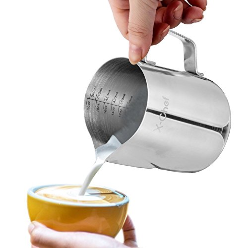  Milk Frothing Pitcher, X-Chef Milk Frother Cup, 20 Oz, Metal Frothing Cup Stainless Steel, Milk Steaming Pitcher Espresso Coffee Latte Frother Cup Barista Tools For Coffee Bar (600 Ml)