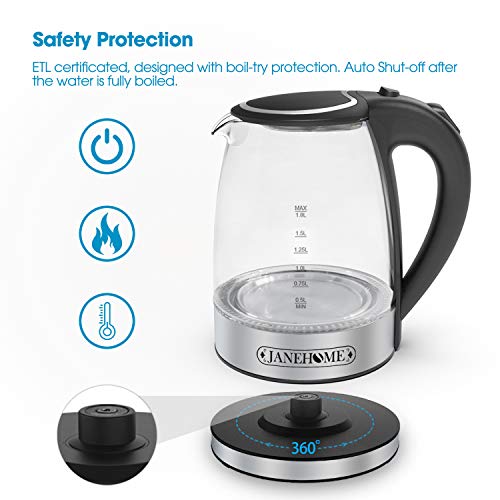  Plaman Electric Kettle,Glass Tea Kettle 1.8L With Blue LED For Boiling Water,BPA-Free Hot Water Glass Kettle With Auto Shut-Off And Boil Dry Protection For Coffee & Tea