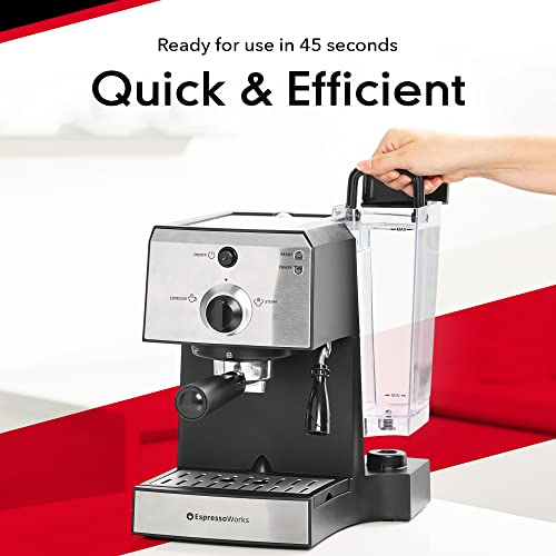  Machine & Cappuccino Maker With Milk Steamer- 7 Pc All-In-One Barista Bundle Set W/ Built-In Milk Frother (Inc: Coffee Bean Grinder, Milk Frothing Cup, Spoon/Tamper & 2 Cups), Silver