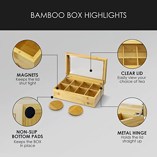  Premium High-end 100% Natural Bamboo Tea Box With 2 Coasters - Wooden Tea Organizer - Tea Bag Organizer Wooden Storage Box - 8 Adjustable Compartments - Clear Lid - Magnet Closure