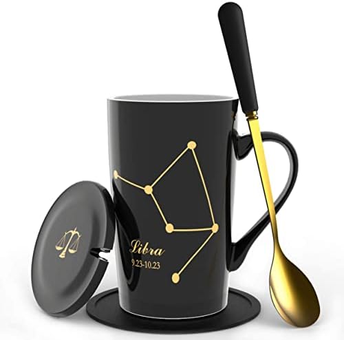  -15oz Scorpio Coffee Mug With Long Handle Spoon Lid Birthday Gift Ceramic Creative Constellation Zodiac Capacity Tea Cup For Cocoa Water Milk Juice (Scorpio-Black Gold)