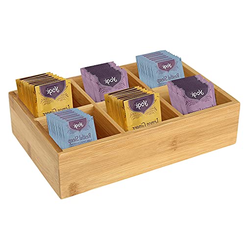  2 Pack Bamboo Tea Bag Organizer, Wood Hot Tea Bag Drawer Storage Organizer Holder With 6 Compartments, Tea Chest Box For Coffee Station, Sugar Packet, Sweeteners, Small Packets