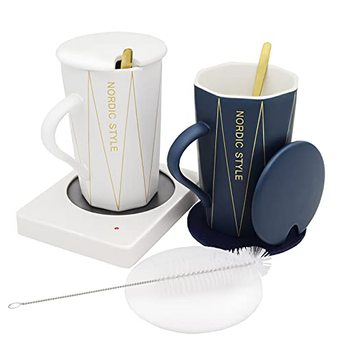  Coffee Cup, Ceramic Suit, With Constant Temperature Pad, Heater Washing, Heat Insulation Pad. Best Gift For Christmas, Navy Blue，white