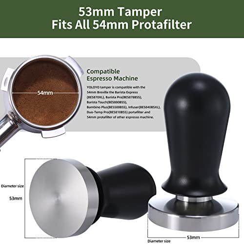  YOLOYO 53mm Espresso Tamper, Consistent Pressure Calibrated Coffee Tamper For Espresso Machine 54mm, Spring Loaded Tamper With Flat Stainless Steel Base (Precious Wood Handle)