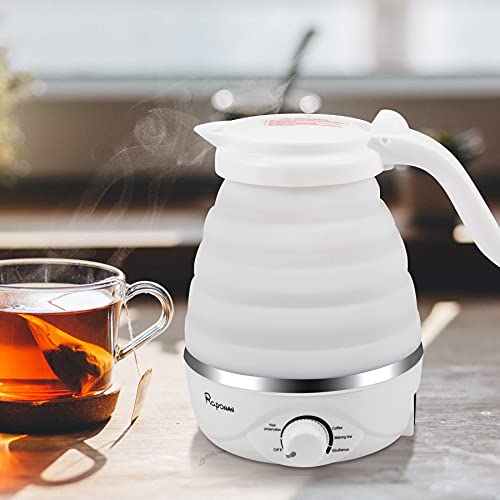  Travel Foldable Electric Kettle 700ml, Small Portable Kettle Food Grade Silicone With Separable Power Cord, Collapsible Water Heater For Tea Coffee, Boil Dry Protection 110V 850W US Plug (White)