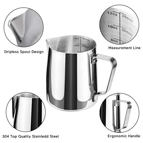  12oz Milk Frothing Pitcher, Stainless Steel Espresso Latte Cup Steaming Pitcher Creamer Cup, Milk Frother Cup Espresso Machine Accessories Barista Tools Jug For Coffee Cappuccino With Latte Art Pen
