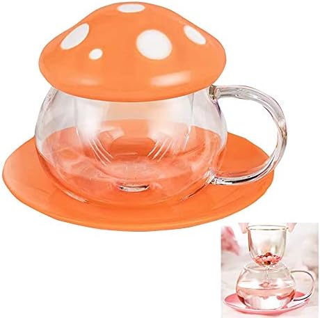  Mothers Day Gifts For Mom Glass Tea Cup Cute Mushroom Mug With Mushroom Spoon, Tea Cups With Infuser Strainer Filter, Clear Teapot With Ceramic Lid Coaster, Heat Resistant For Home290ML 9.6oz (Pink)