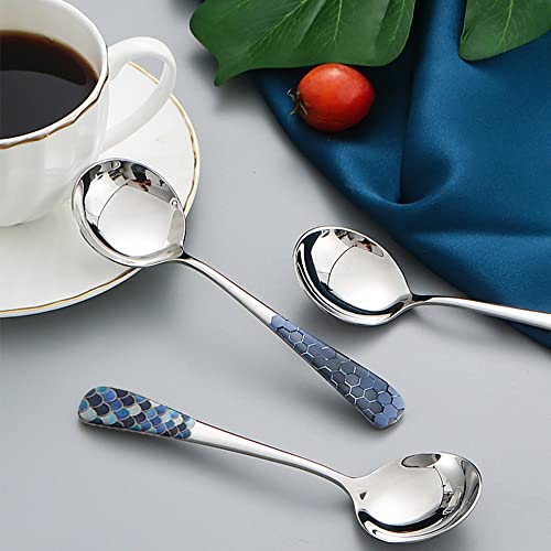  Tainless Steel Coffee Round Spoon,Korean Dessert Spoon,Fish Scale Pattern Mixed Color Tea Spoon For Home, Kitchen Or Restaurant, Set Of 4 Coffee Spoons, 6 Inches.