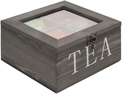  MyGift Rustic Gray Solid Wood Tea Storage Organizer Box With 4 Compartments, Tea Bag Chest With Clear Acrylic Lid And Latch