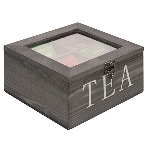  MyGift Rustic Gray Solid Wood Tea Storage Organizer Box With 4 Compartments, Tea Bag Chest With Clear Acrylic Lid And Latch