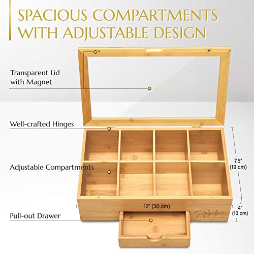  Bamboo Wooden Tea Box Storage Organizer With Drawer (8 Compartments) Large Tea Organizer Box For Tea Bags And Loose Tea - Sturdy, Natural Bamboo
