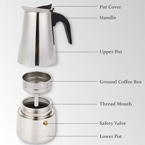  Elabo Stovetop Espreeso Machine And Moka Pot For Gas Or Electric Ceramic Stovetop, Italian Espresso Coffee Shot Maker For Italian Espresso, Cappuccino And Latte, Stainless Steel, 10 Cups