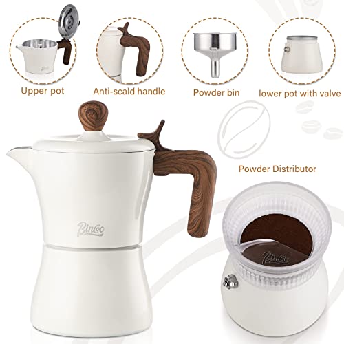  Stovetop Espresso Maker Moka Pot 3 Espresso Cup, Cuban Coffee Maker Stove Top Coffee Maker With Dosing Ring Dispenser, Moka Italian Espresso Coffee Maker（White）
