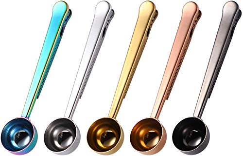  5 Pcak Coffee Scoop Clip, 2-in-1 Stainless Steel Coffee Measuring Spoon With Sealing Clips, Kitchen Craft Long Handle Spoon Bag Clip For Coffee, Milk Powder, Oatmeal, Tea,Spices (Multicolor)