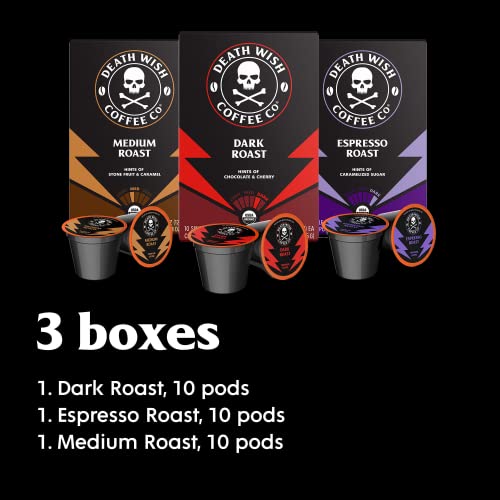  EATH WISH COFFEE - Single Serve Coffee - Extra Kick Of Caffeine - 10 Each Of Medium, Dark, And Espresso Roast - Mixed Roast Variety Pack