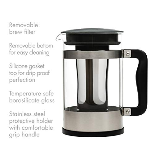  Kedzie Deluxe Cold Brew Iced Coffee Maker Comfort Grip Handle, Durable Glass Carafe, Removable Mesh Filter, 6 Cup, Brushed Stainless Steel