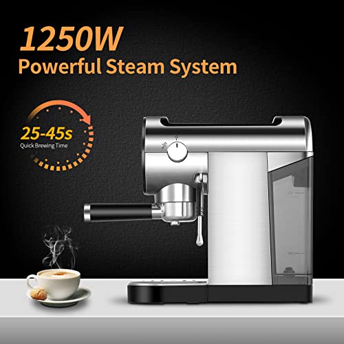  Espresso Coffee Machine With Steamer, 20 Bar Espresso Maker With Milk Frother Steam Wand, Espresso And Cappuccino Maker, Easy To Use At Home, Stainless Steel, 1250W