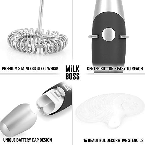  Ghty Milk Frother Handheld Whisk Mixer - Coffee Frother Electric Handheld Foam Maker & Frother For Coffee - Portable Electric Whisk With 16-Piece Stencils For Lattes, Matcha & More (Black)