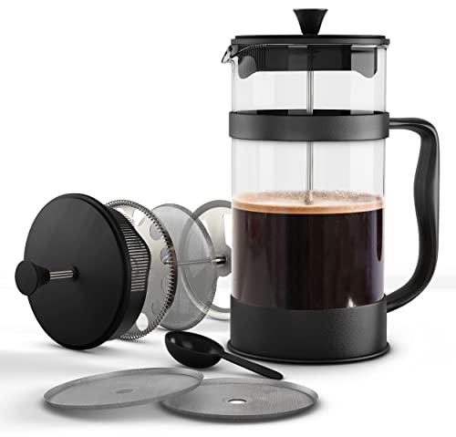  34 Ounce French Press Espresso And Tea Maker With Triple Filters, Stainless Steel Plunger And Heat Resistant Borosilicate Glass - Black