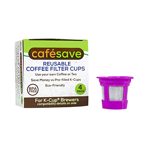  2-Item Bundle: 4-Pack Cafe Save Reusable K Cup Coffee Filters + EZ-Scoop 2 Tbsp Coffee Scoop With Integrated Funnel, Refillable Coffee Pod Capsule For Use With Keurig & Select Single Cup Coffee Maker