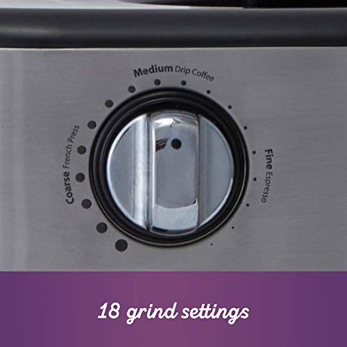 Mr. Coffee® Burr Coffee Grinder, Automatic Grinder With 18 Presets For French Press, Drip Coffee, And Espresso, 18-Cup Capacity, Stainless Steel