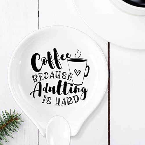  Coffee Spoon Rest And Spoon,Funny Coffee Quote Coffee Beacause Adulting Is Hard Coffee Ceramic Coffee Spoon Holder-Station Decor Coffee Bar Accessories-Gifts For Coffee Lovers