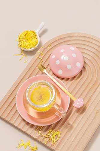  Mothers Day Gifts For Mom Glass Tea Cup Cute Mushroom Mug With Mushroom Spoon, Tea Cups With Infuser Strainer Filter, Clear Teapot With Ceramic Lid Coaster, Heat Resistant For Home290ML 9.6oz (Pink)