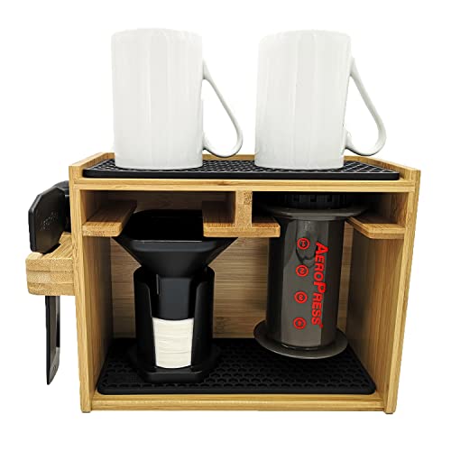  HEXNUB – Bamboo Organizer For AeroPress, Caddy Station Holds AeroPress Coffee Maker, Filters, Cups, Pour Over Accessories With Silicone Dripper Mat, Increased Space Saving (Black)